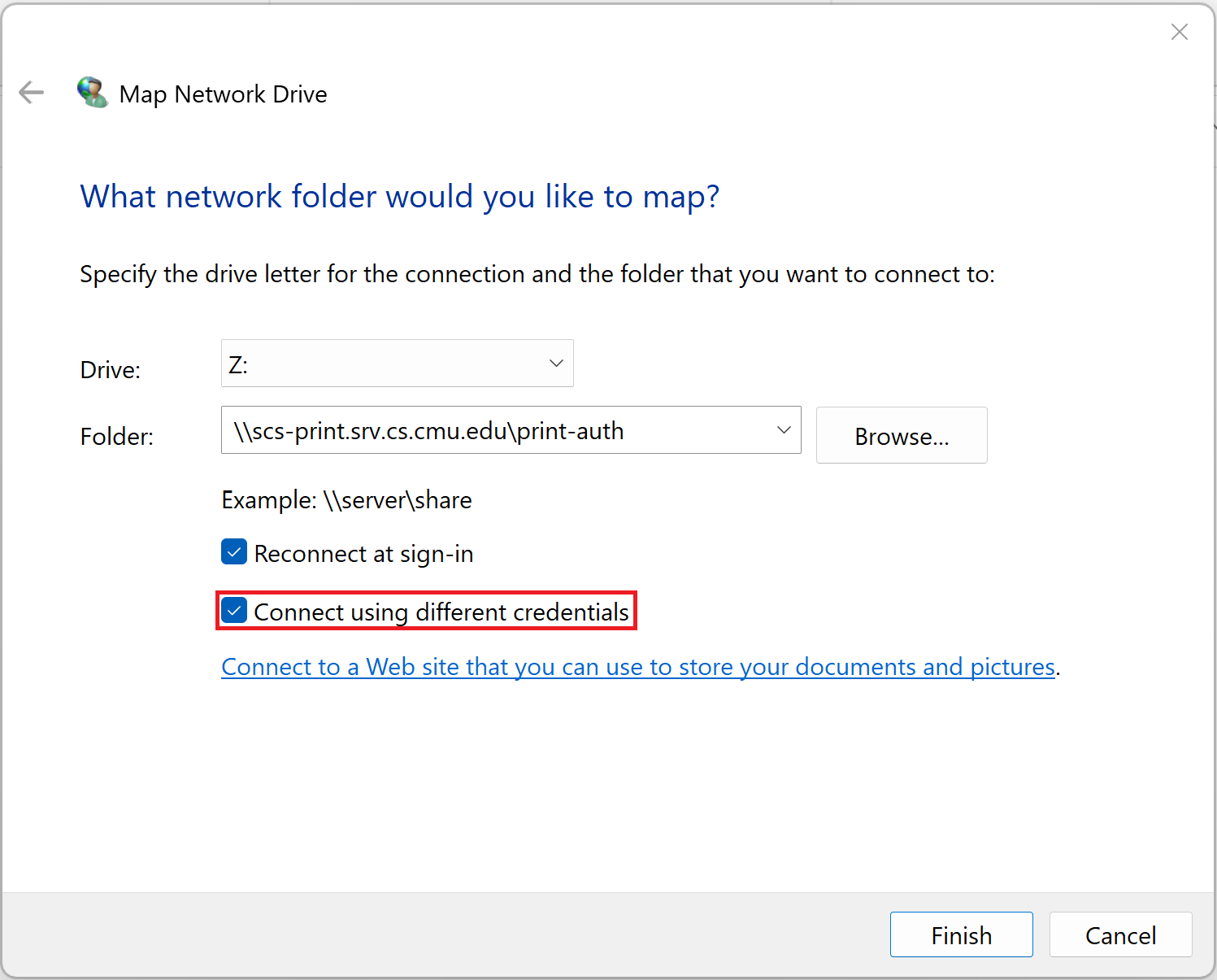 Screenshot of the Map network drive menu, selecting Connect using different credentials